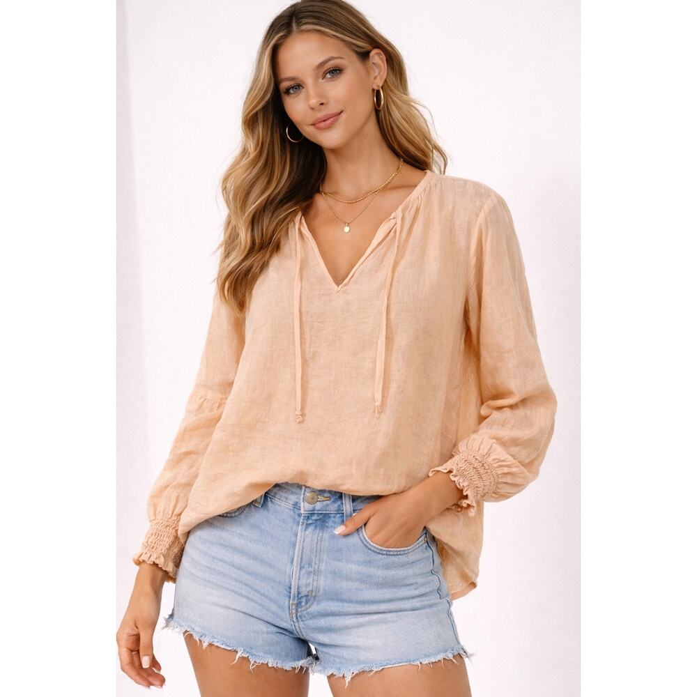 Cloth & Stone 100% Linen Peach Blouse Women’s L Boho Peasant Top Long Sleeve